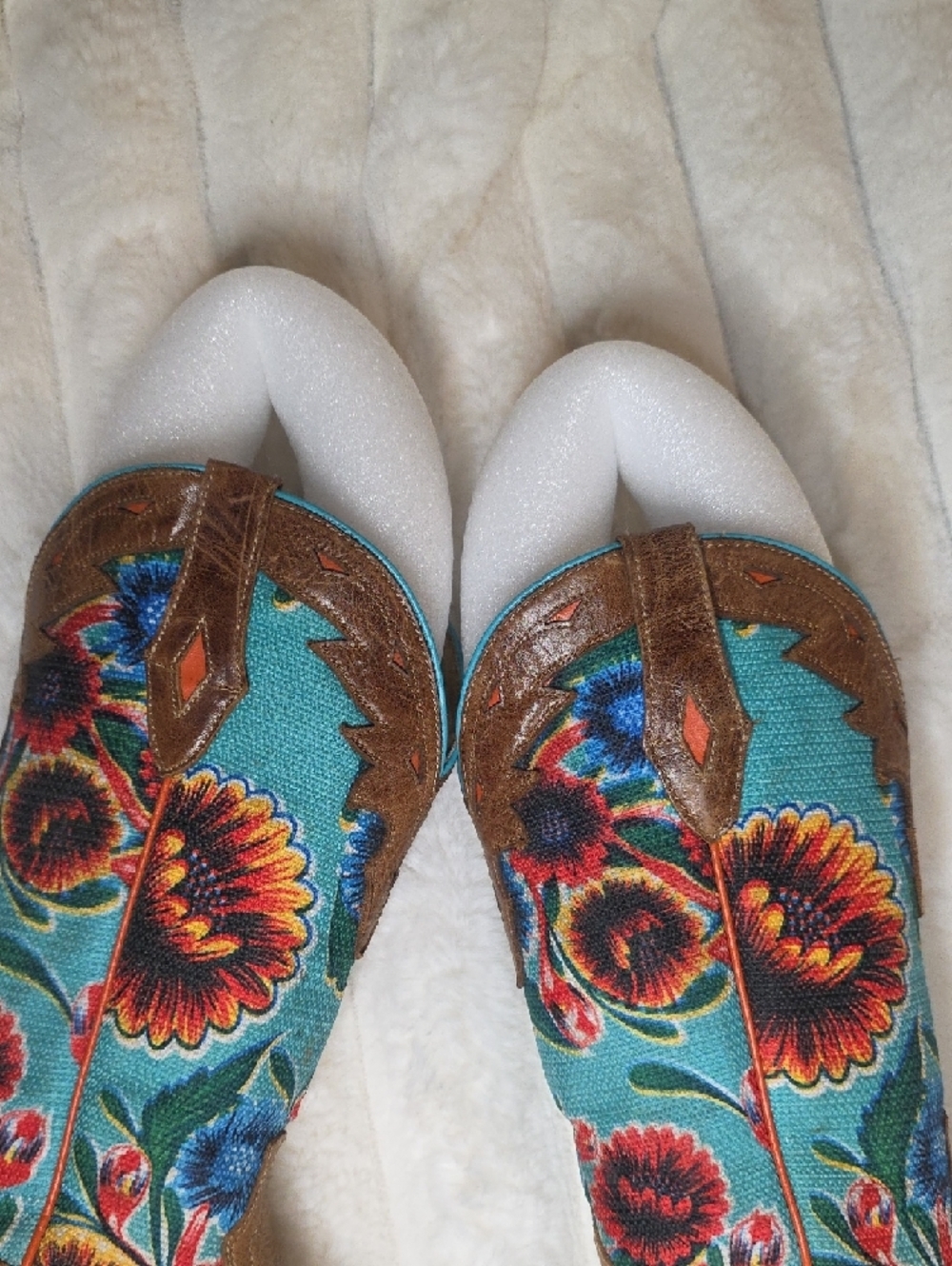 AKIRA Brown Leather Western Ankle Boots with Teal Floral Embroidery Size 8.5 - Picture 11 of 16
